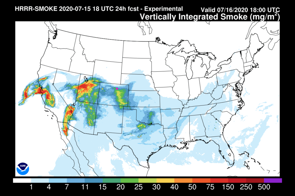 Figure 1: the HRRR smoke at all levels forecast for Thursday noon. 