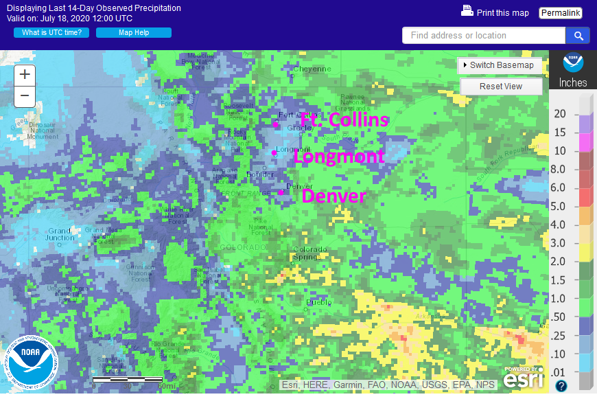 Figure 1: the 14 day rainfall totals ending Saturday 7/18 from NOAA