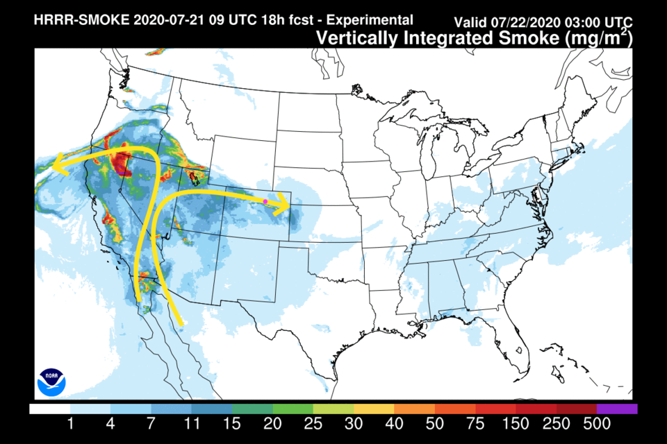 Figure 1: the HRRR smoke forecast for Wednesday from NOAA.