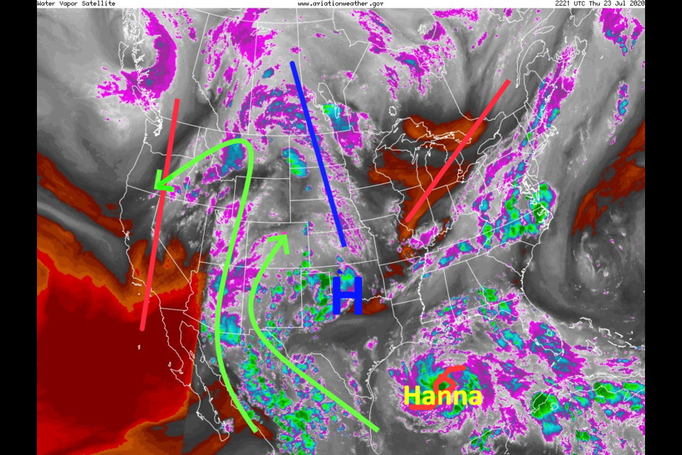 Figure 1: the water vapor satellite image from Thursday afternoon from NOAA.  Grey/purple = moist air, red/brown = dry air.  500mb height features are added and mid level moisture arrows in green. 