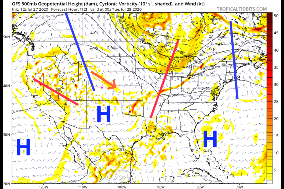 Figure 1: the 500mb upper level map from the GFS for Monday PM from tropicaltidbits.com