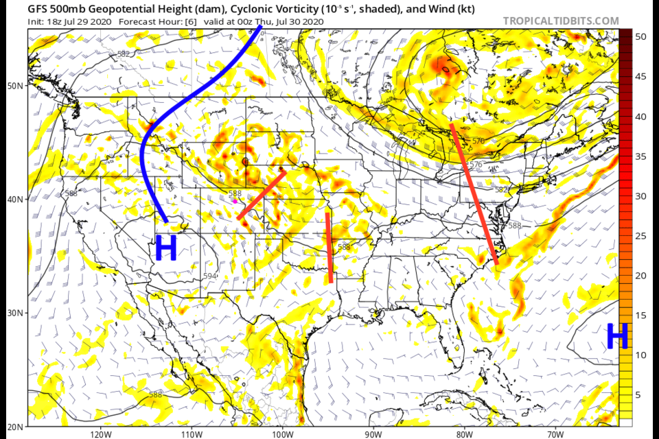 Figure 1: the 500mb upper air forecast map for Wednesday PM from tropicatltidbits and the GFS