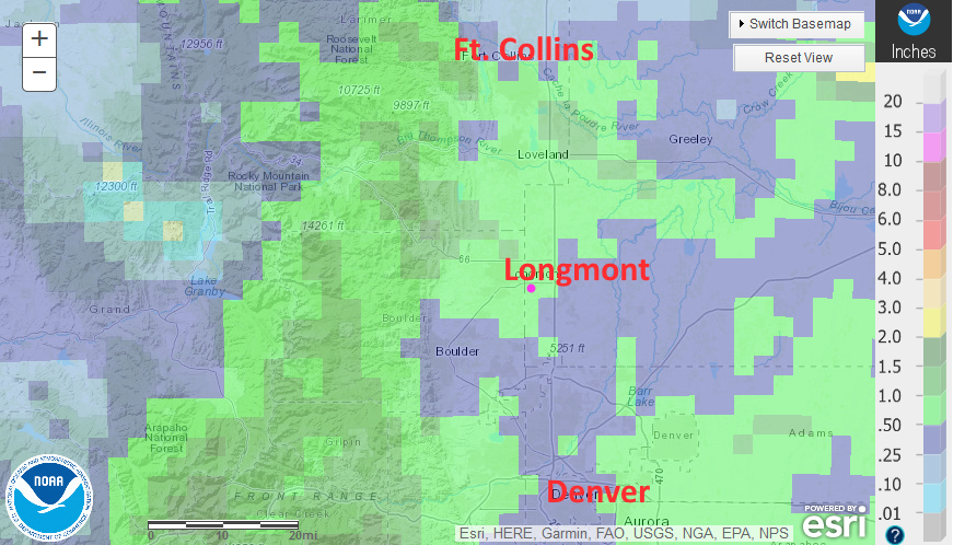 Figure 1: the precipitation totals map for northern Colorado for the last 5 days from NOAA.
