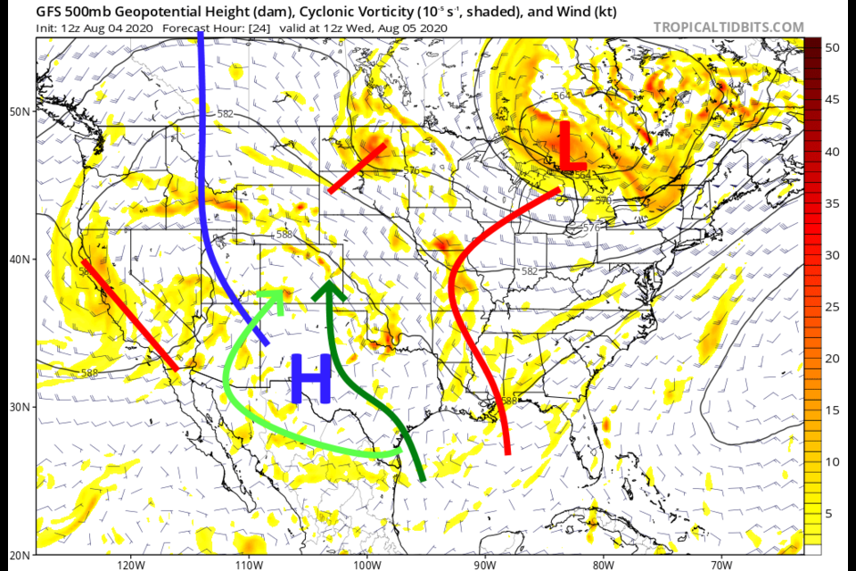 Figure 1: the 500mb upper air forecast map for Wednesday AM from the GFS and tropicaltidbits.com