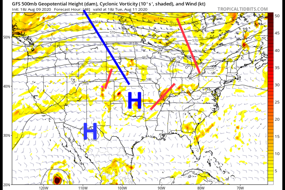 Figure 1: the 500mb upper air forecast map for Tuesday noon by the GFS and tropicaltidbits.com