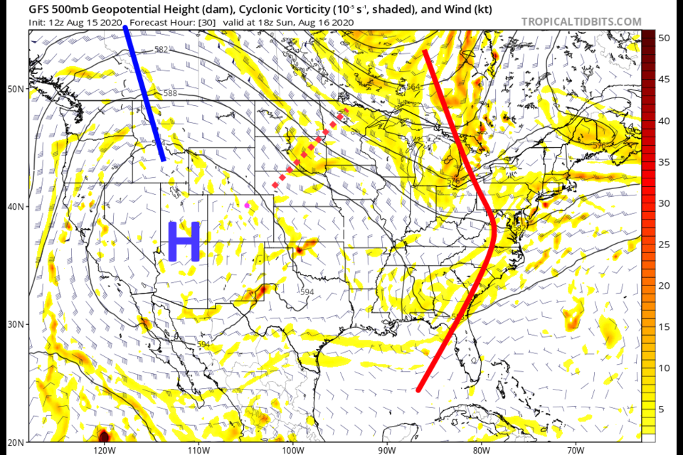 Figure 1: the 500mb upper air forecast map for Sunday noon from the GFS and tropicaltidbits.com