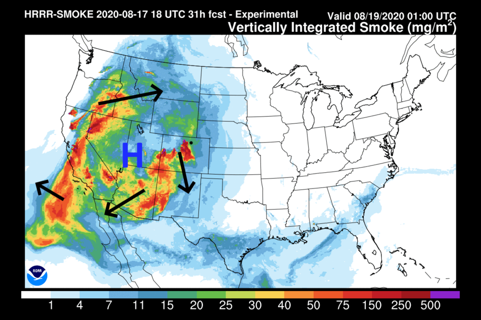 Figure 1: the HRRR smoke at all levels forecast for Tuesday PM from NOAA