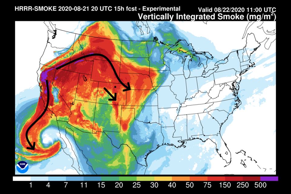 Figure 1: the HRRR smoke at all levels forecast for Saturday morning from NOAA