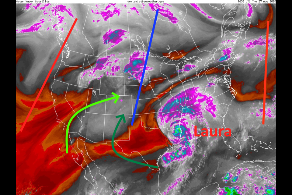 Figure 1: the water vapor satellite image from Thursday morning with 500mb trough/ridge pattern added.  From NOAA