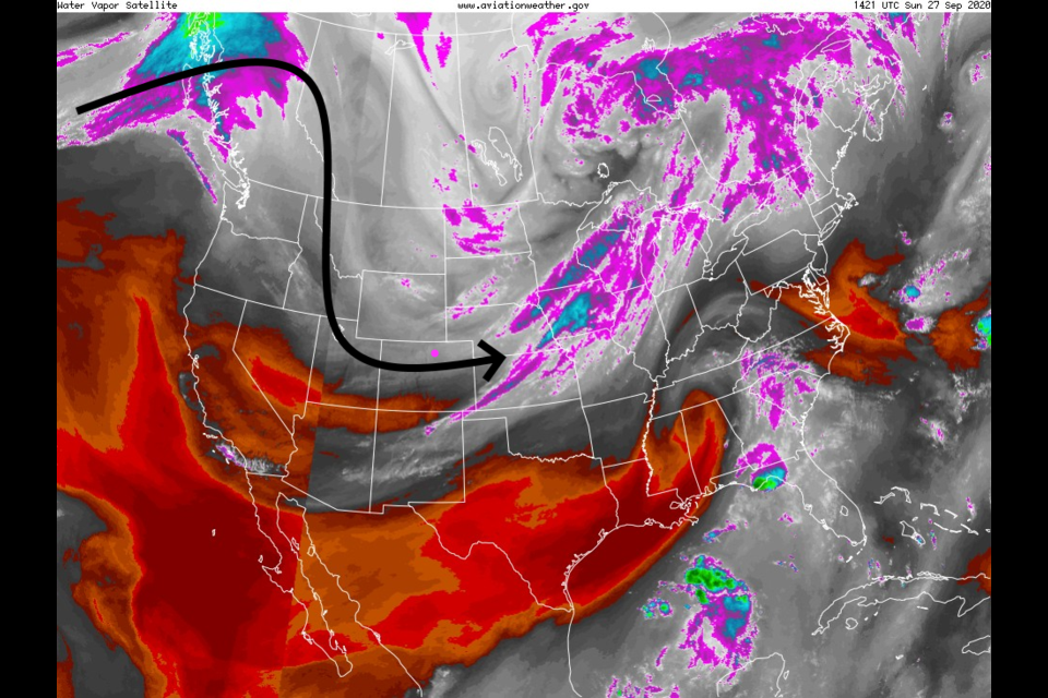 Figure 1: the water vapor satellite image from Sunday with example air flow arrow (Longmont is the pink dot) from NOAA. 