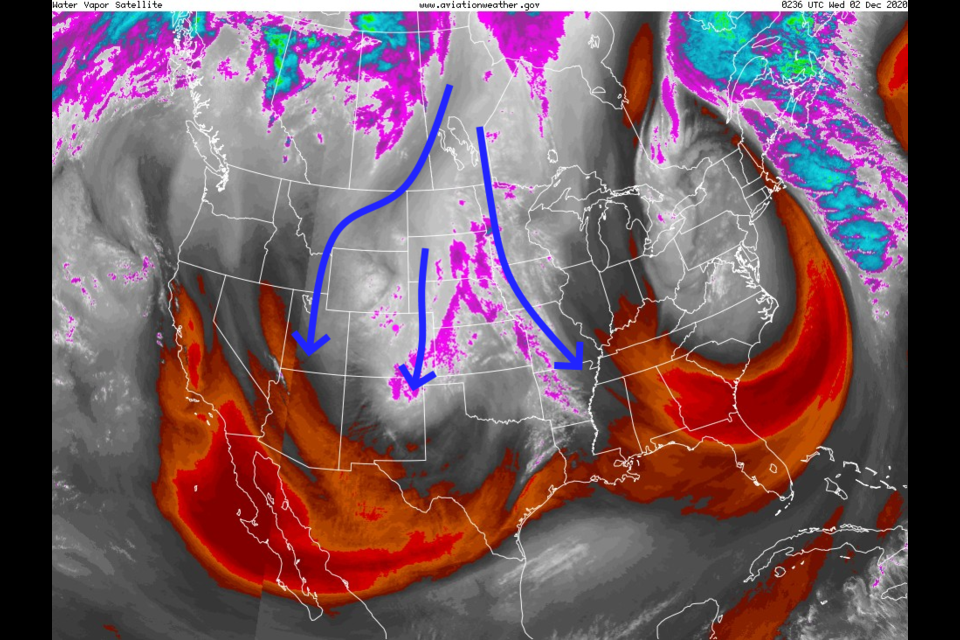 Figure 1: the water vapor satellite image from NOAA from Tuesday PM. White/purple is moist air, red/brown is very dry air. 