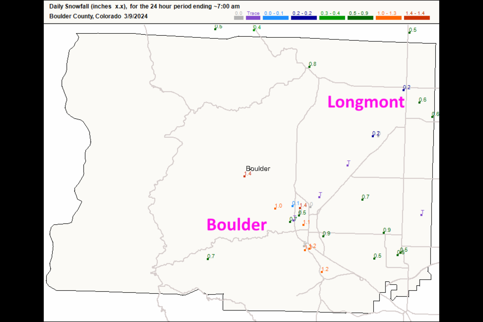 Figure 1 update: the snowfall reports from CoCoRaHS for Boulder county.