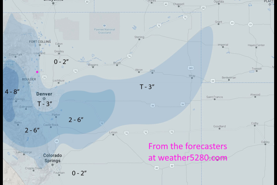 Figure 1 update: the weather5280.com snowfall forecast for Monday to Tuesday. 