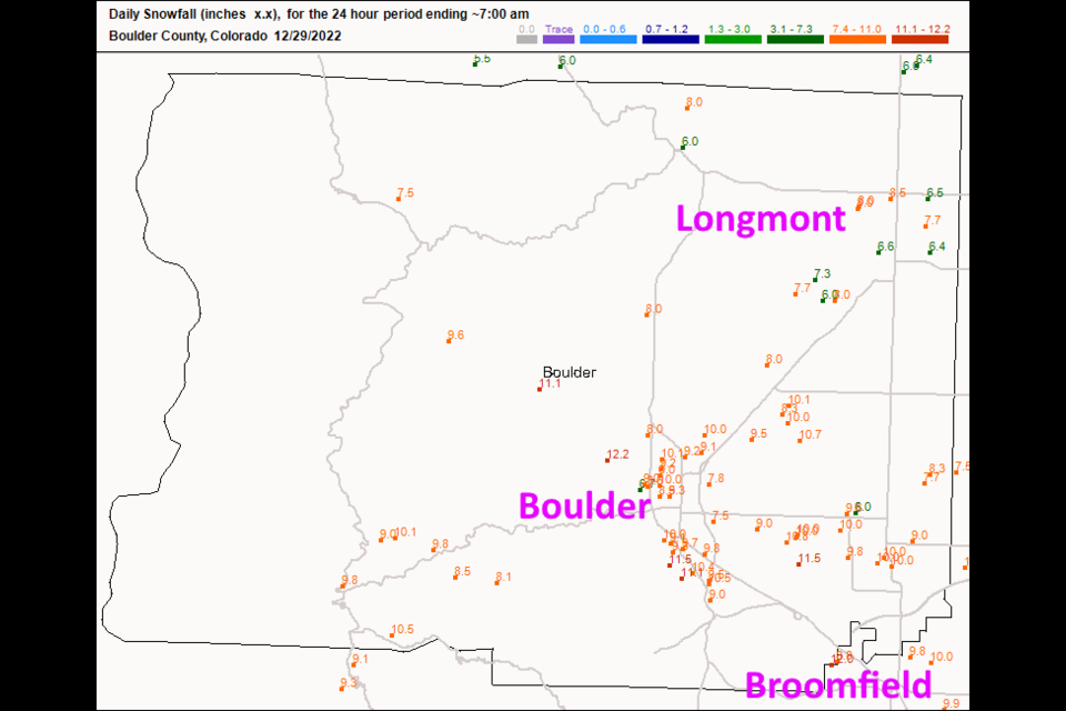 Figure 1 update: the snowfall total reports as of 7 am Thursday from CoCoRaHS