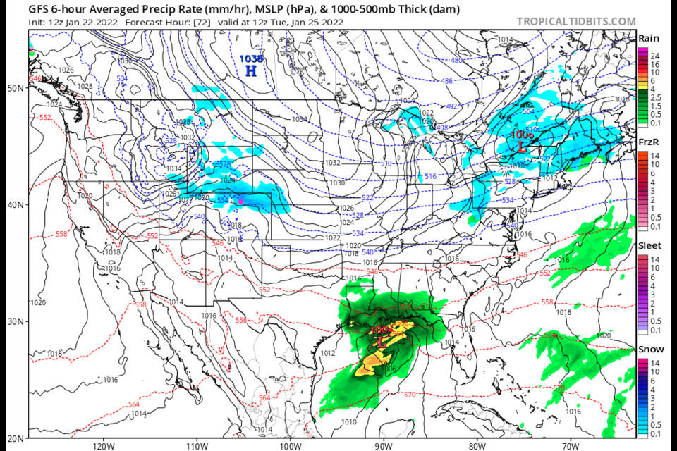 Figure 2: the 6 hour averaged precipitation  around Tuesday noon from the GFS and tropicaltidbits.com 