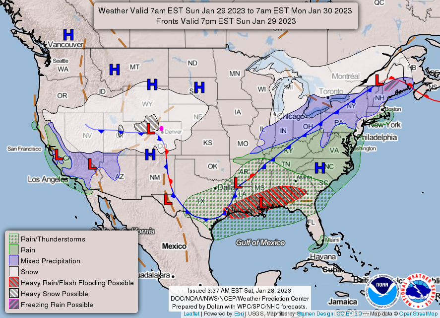 Figure 2: the NWS surface forecast map for Sunday.