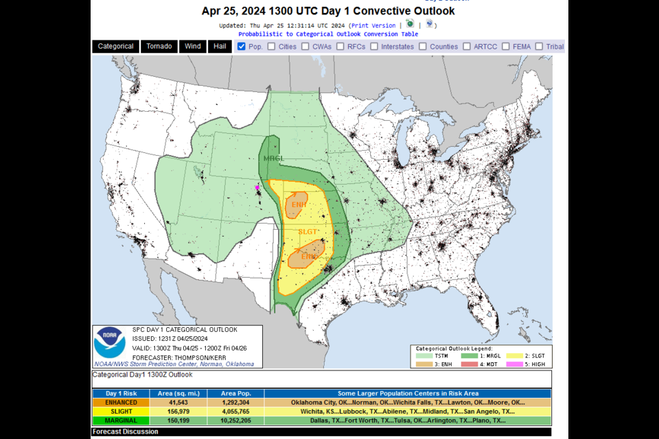 Figure 2: the day 1 severe weather forecast map from the SPC.