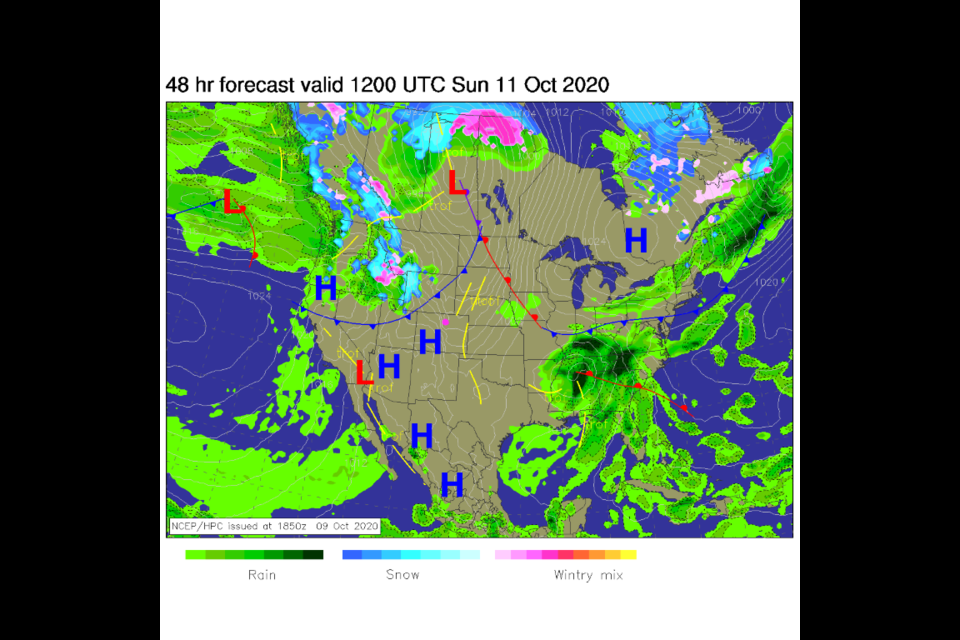 Figure 2: the Sunday morning forecast surface map from NCEP.