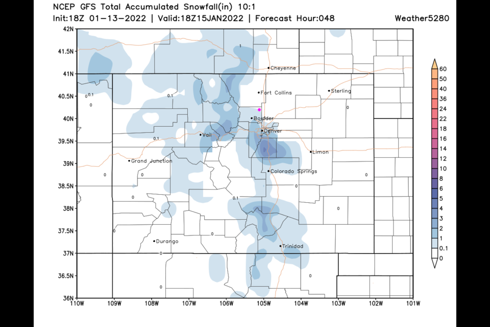Figure 2 update: the 2 day snowfall total forecast for Colorado from weather5280.com and the GFS. 