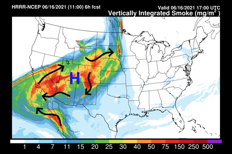 Figure 2 update: the HRRR smoke forecast with wind flow arrows from NOAA.