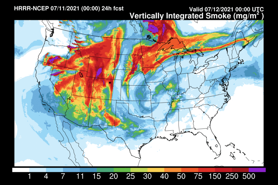 Figure 2 update: the HRRR smoke forecast for Sunday PM from NOAA.