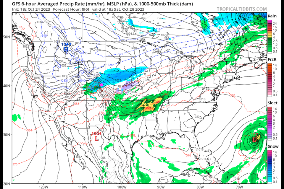 Figure 1 update: the 6 hour precipitation and surface pressure forecast map from the GFS for Saturday noon from tropicaltidbits.com