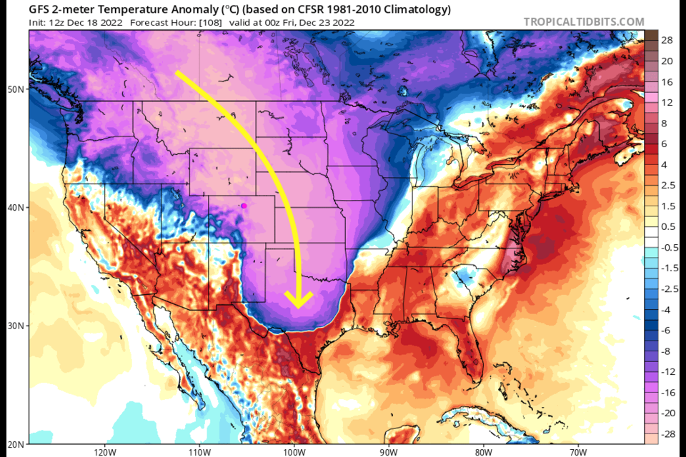 Figure 2 update: the surface temperature anomaly (departure from normal) for Thursday evening from the GFS and tropicaltidbits.com