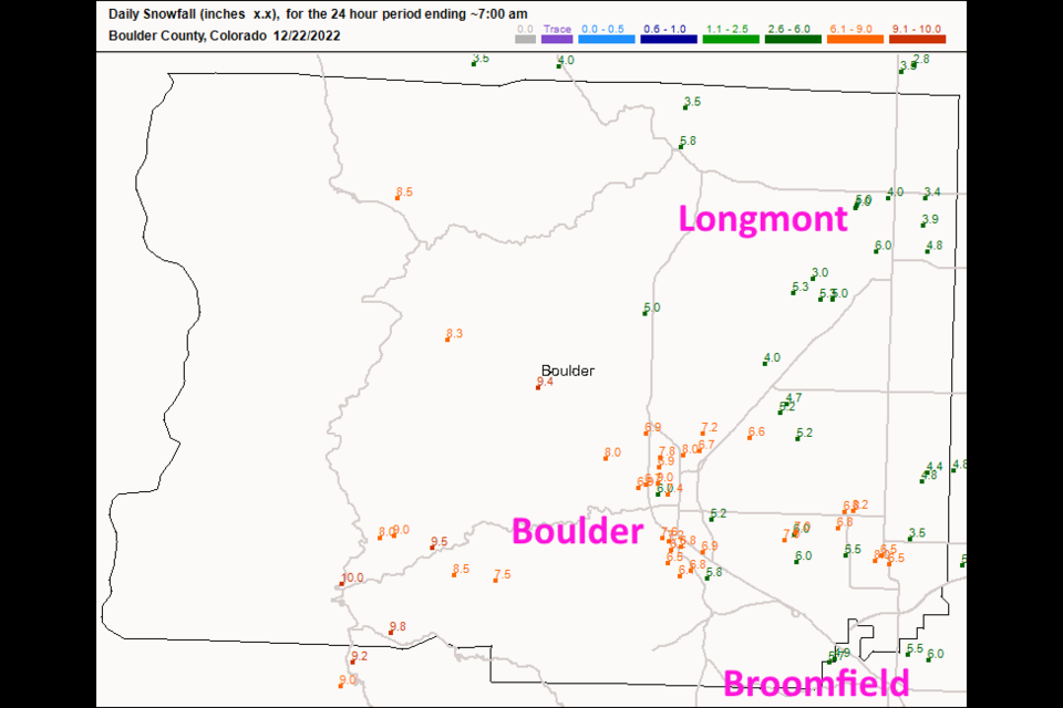 Figure 2 update: the snowfall totals map for Boulder Co. from CoCoRaHS