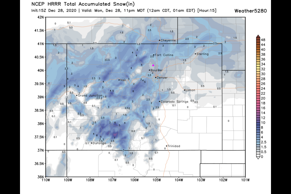 Figure 2 update: the HRRR snowfall prediction for the next 15 hours up to 11pm Monday. 