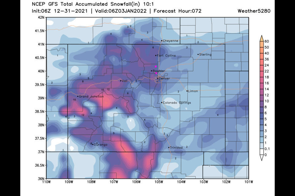 Figure 2 update: the 72 hour snowfall totals (10:1 ratio) from the GFS and weather5280.com