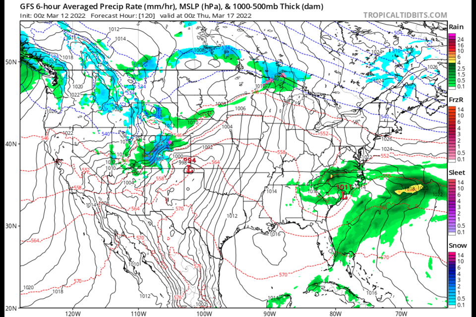 Figure 3: the 6 hour precipitation surface weather map Wednesday evening from tropicaltidbits.com