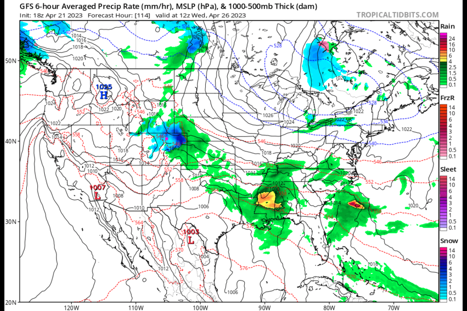 Figure 3: the surface forecast map for Wednesday morning from the GFS and tropicaltidbits.com