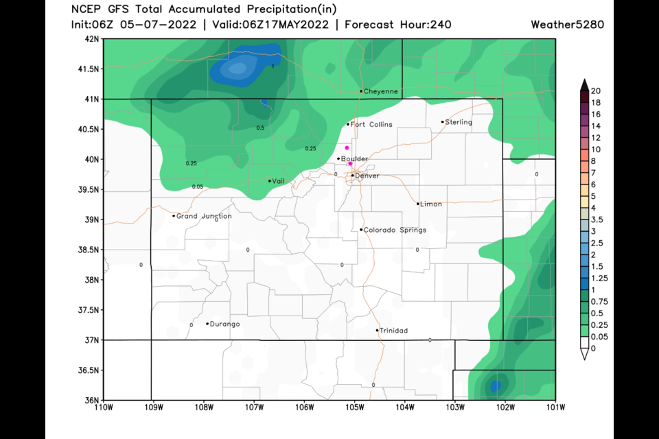 Figure 5: the precipitation totals forecast  for the next 10 days from the GFS and weather5280.com