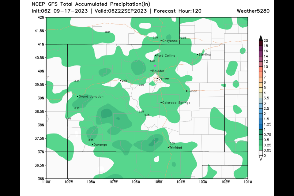 Figure 3: the 5 day precipitation forecast from the GFS and weather5280.com