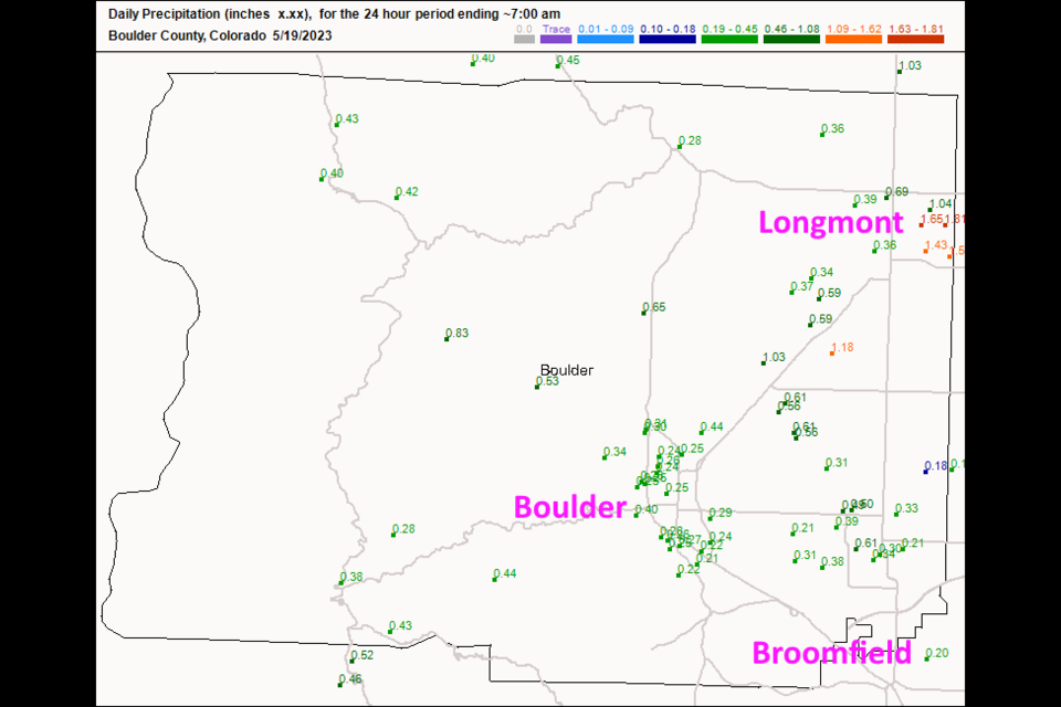 Figure 2 update: the CoCoRaHS rainfall report up to 7am Friday. 