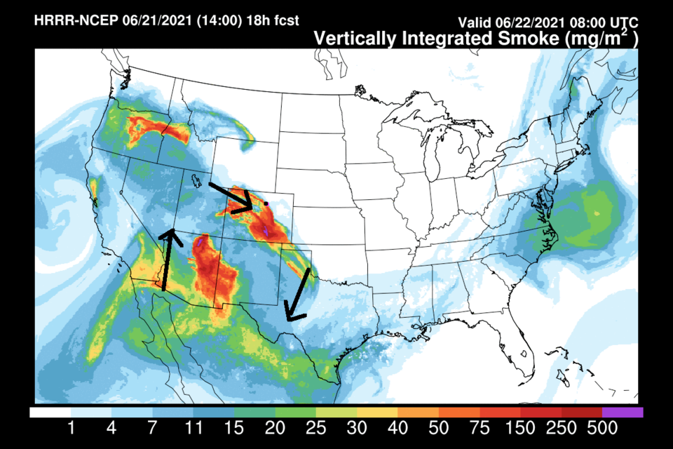 Figure 3 update: the HRRR smoke at all levels forecast for Tuesday AM by NOAA