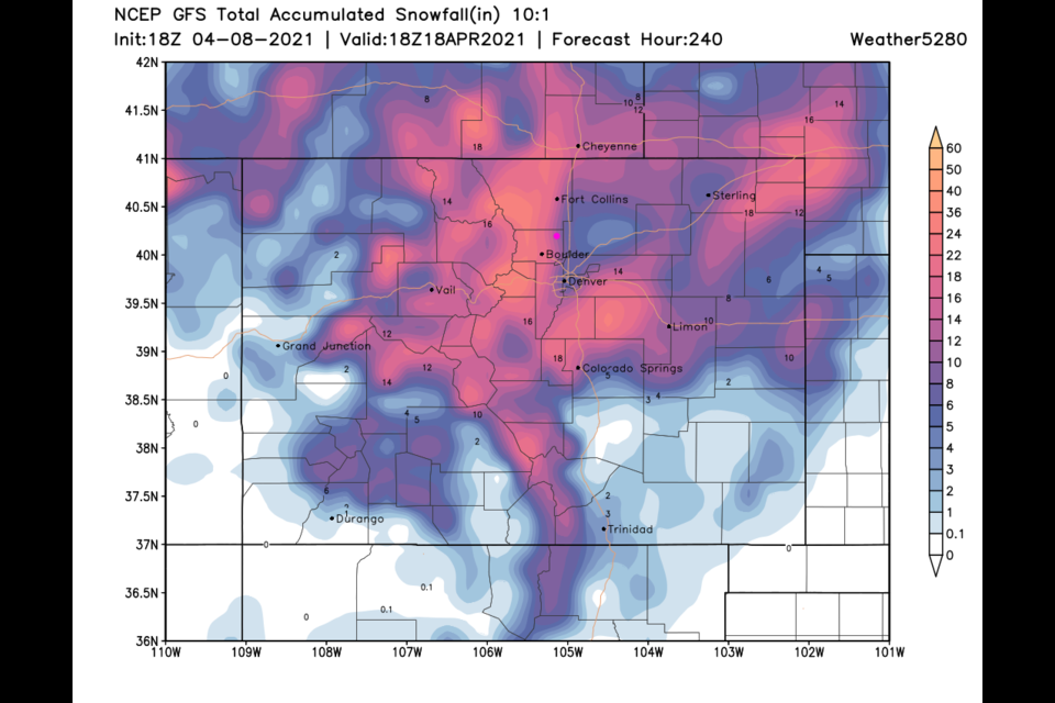 Figure 4: the 10 day (10:1 ratio) total snowfall forecast from the GFS and weather5280.com