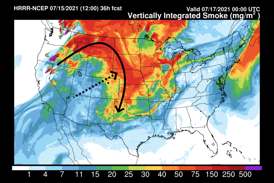 Figure 4 update: the HRRR smoke at all levels forecast for Friday PM fromNOAA.