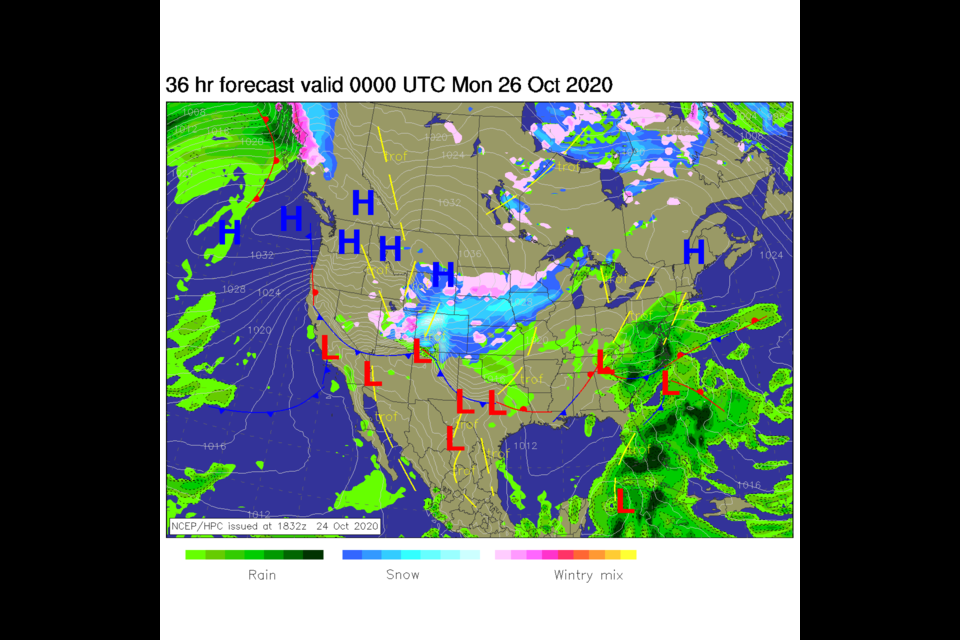 Figure 4: the forecast surface analysis for Sunday night from NCEP.