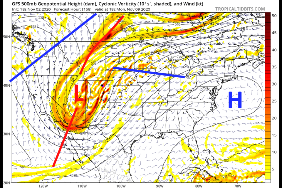 Figure 4: the 500mb upper air forecast map for Monday noon from the GFS and tropicaltidbits.com