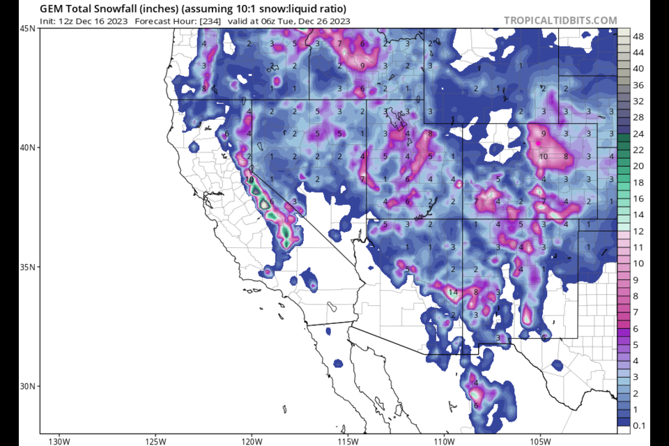 Figure 5: the Canadian snowfall totals through Christmas night midnight from the GFS and tropicaltidbits.com