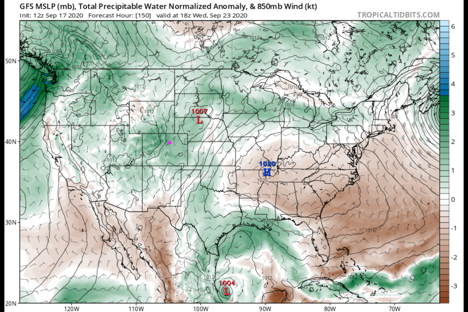 Figure 6: the precipitatable water anomaly for Wednesday noon from tropicaltidbit.com 