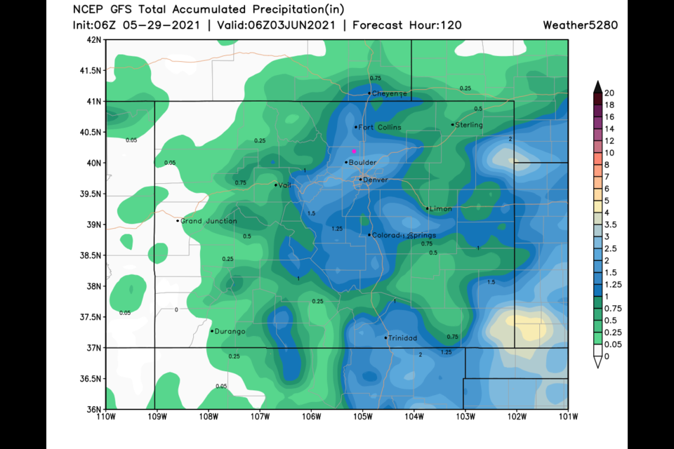 Figure 7: the 5 day precipitation total from the GFS and weather5280.com