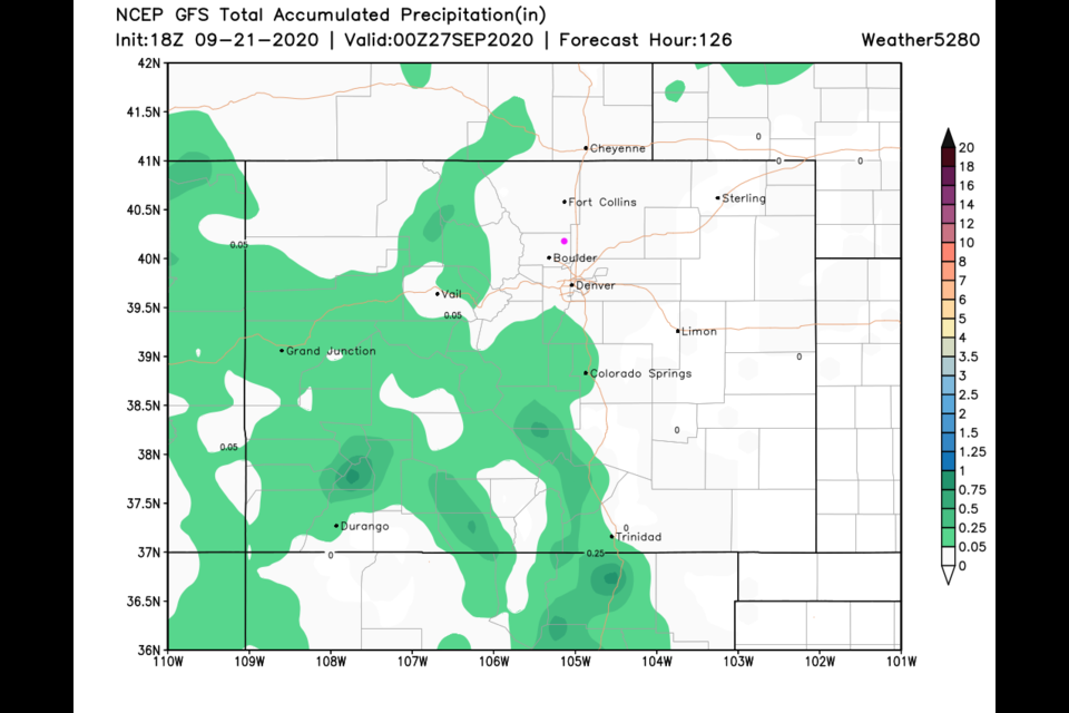 Figure 7: the total precipitation forecast map for Colorado from the GFS for the next 5 days from weather5280.com