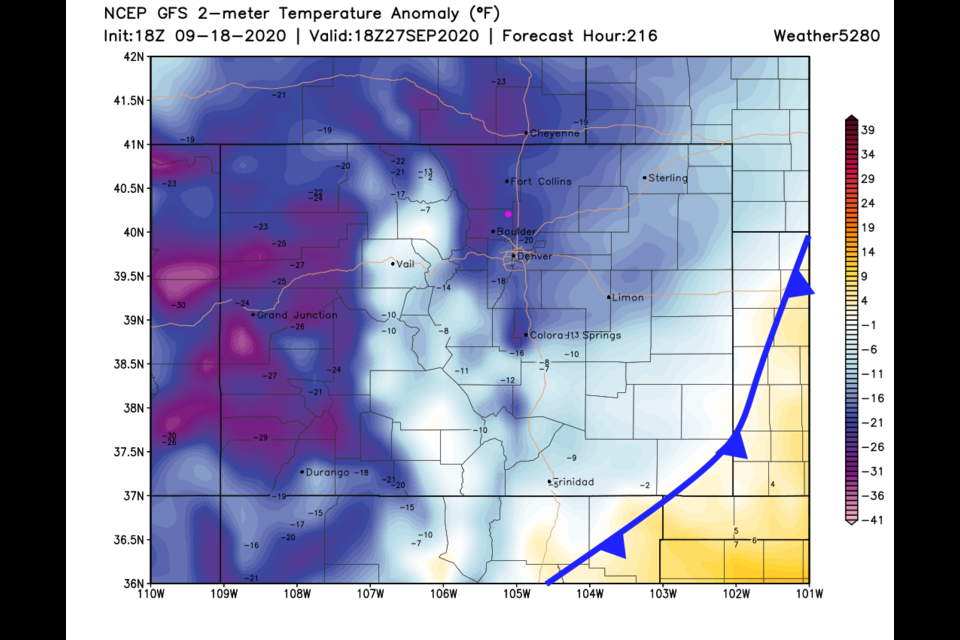 Figure 8: the surface temperature anomaly forecast for Colorado NEXT Sunday noon from the GFS and weather5280.com