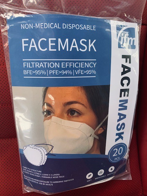 A package of face masks included in the recovery kit now available for local businesses through the Economic Development Corporation of North Simcoe. Supplied photo. 