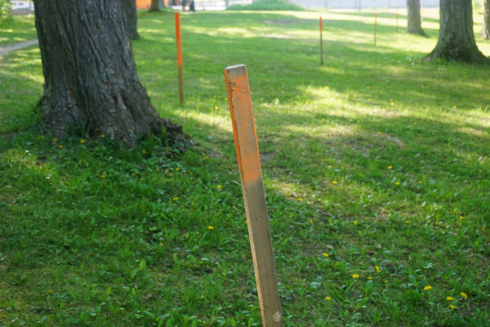 Stakes help town maintenance staff know where to mow.                           