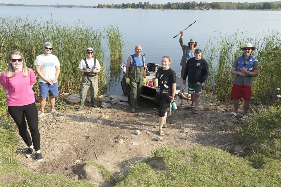 Members of Georgian Bay Forever, Tay council, and volunteer citizens gather in preparation to remove invasive Phragmites from the shoreline of Waubaushene Beach.