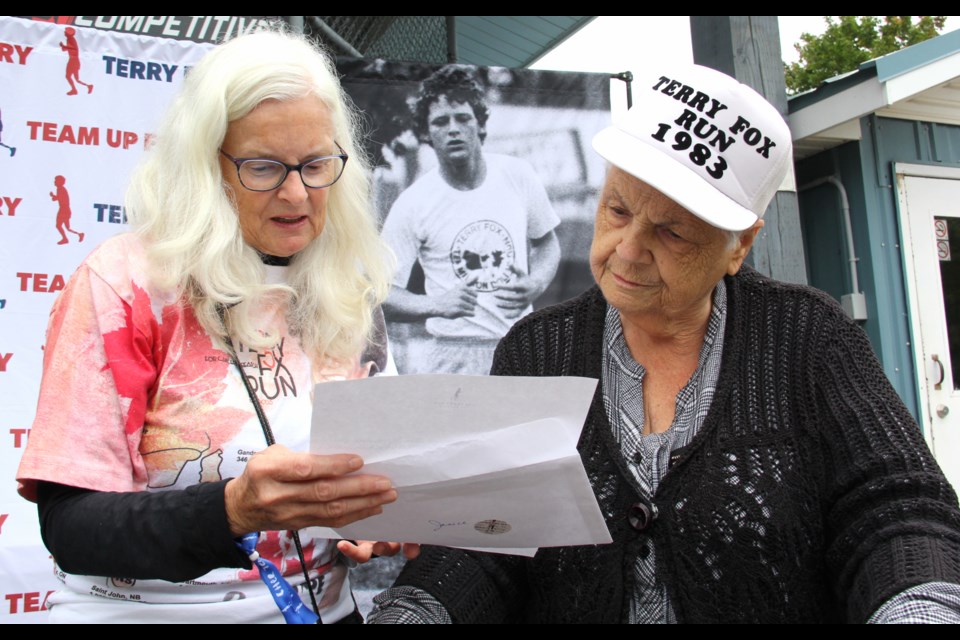 Janice Scott, left, and Barbara Bruce were special guests at the 40th anniversary of the Heart of Georgian Bay Terry Fox Run Sunday. They took part in the first run in 1983 and each received a letter Sunday from Fred Fox, Terry's brother.