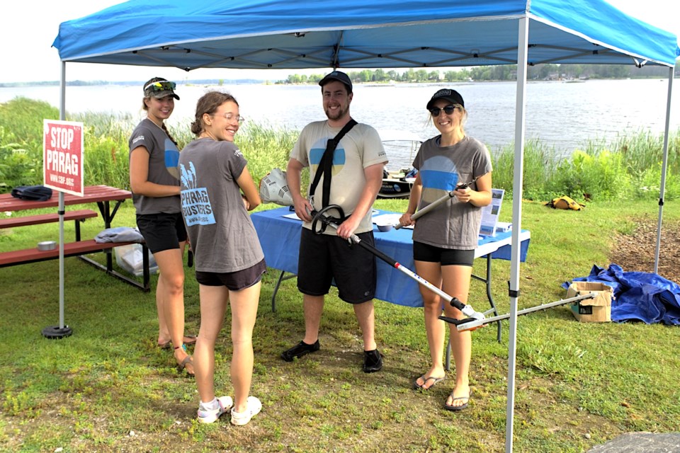 The 'Phrag Busters' of Georgian Bay Forever all wore shirts to signify their status during their annual invasive phragmites 'cut to drown' session in Waubaushene. (Left to right): Lilly Florake, restoration conservation technician and summer student; Claire Hendriks, summer student; Jared McNabb, student lead for the GBF phragmites program; and Nicole Carpenter, GBF science project manager.